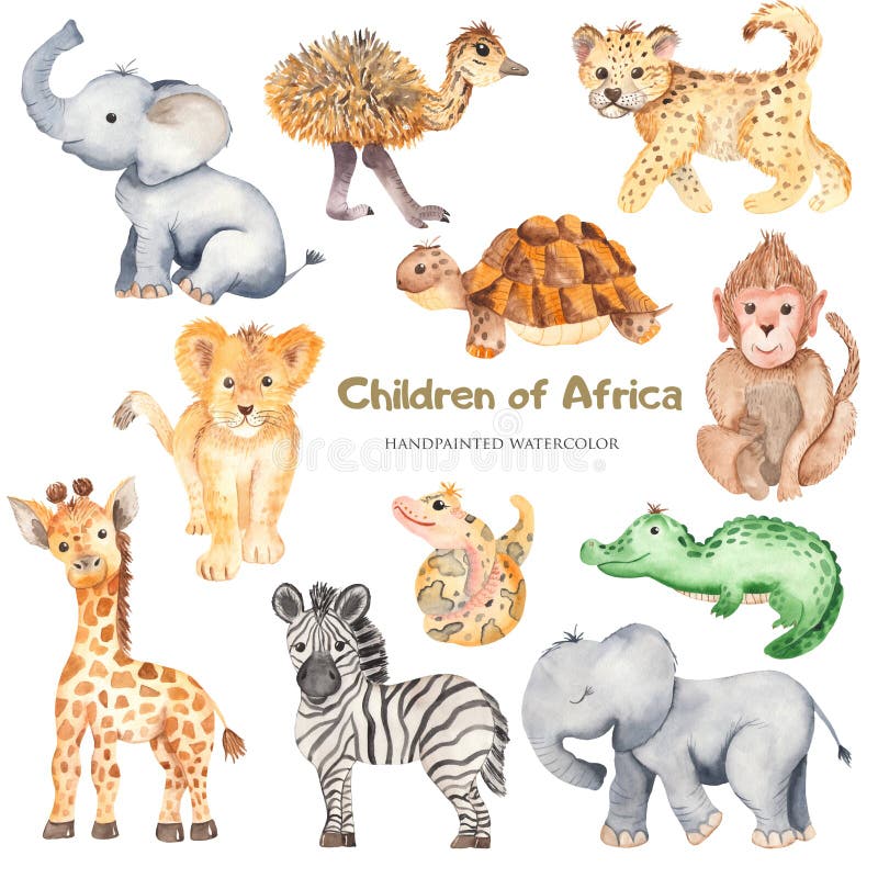 Watercolor cute cartoon African animals.