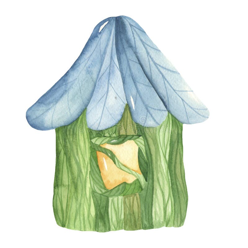 Watercolor cute cartoon house for insects from grass and bluebell.