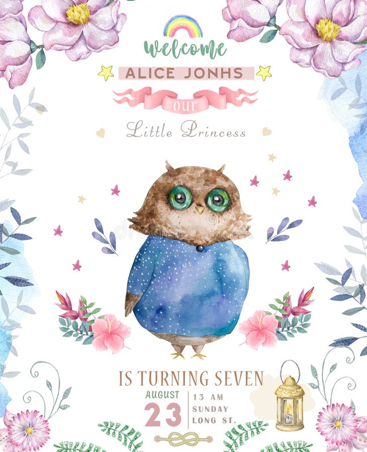 Watercolor cute Cartoon Owl. Cute baby greeting card. Boho flowers and floral bouquets Happy Birthday set. Watercolor greeting royalty free illustration Watercolor cute Cartoon Owl. Cute baby greeting card. Boho flowers and floral bouquets Happy Birthday set. Watercolor greeting royalty free illustration