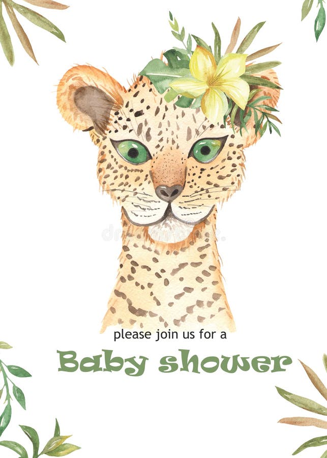 Watercolor cute cartoon poster for kids jaguar, toucan, deer with tropical flowers. vector illustration Watercolor cute cartoon poster for kids jaguar, toucan, deer with tropical flowers. vector illustration