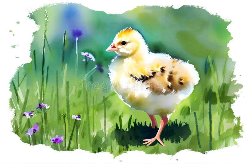 Watercolor with cute chick on a meadow.