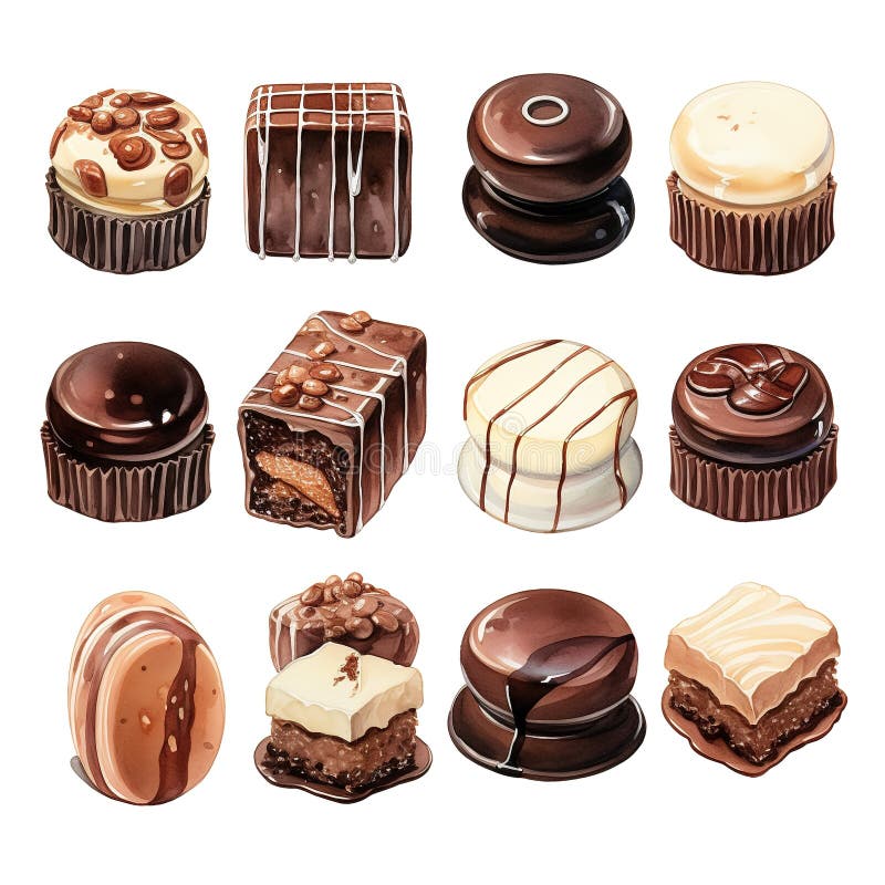 Watercolor cute collection of chocolates on isolated background stock photography