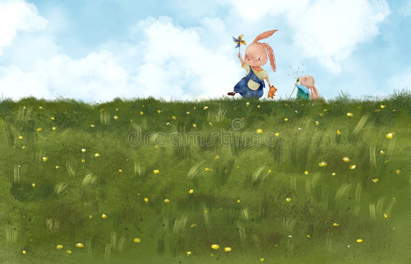 Watercolor Cute Rabbit runing on grass fields holding windmill toy and blowing dandelion flower,Hand paint illustration cartoon