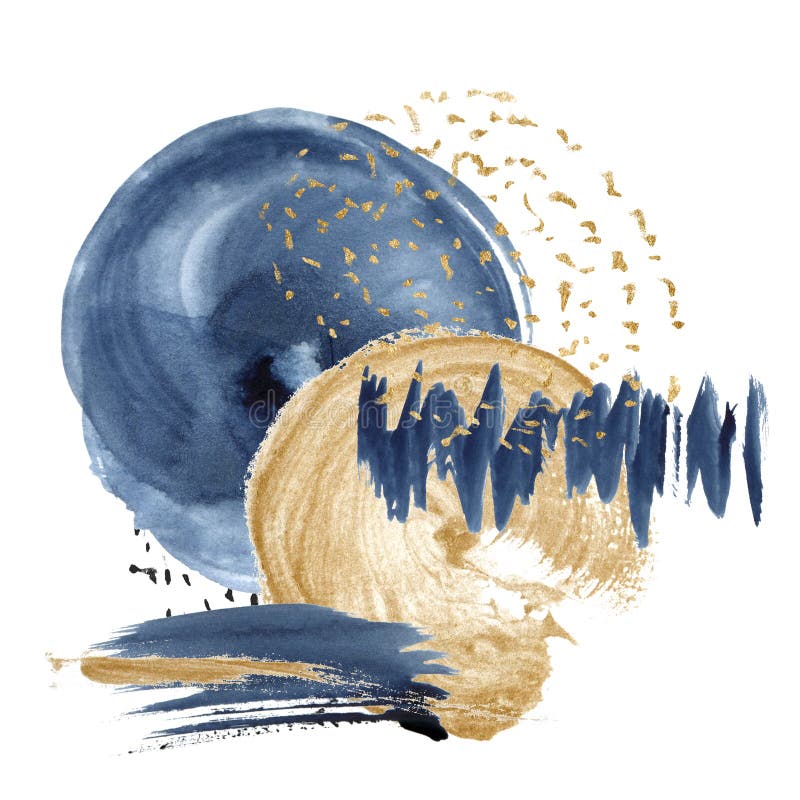 Watercolor dark blue and gold abstract card. Hand painted underwater card with circle ocean texture. Marine illustration royalty free illustration