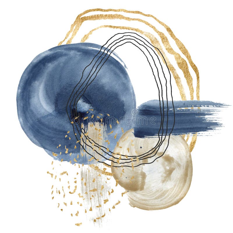 Watercolor dark blue, gold and black abstract card. Hand painted underwater card with ocean texture. Marine illustration royalty free illustration