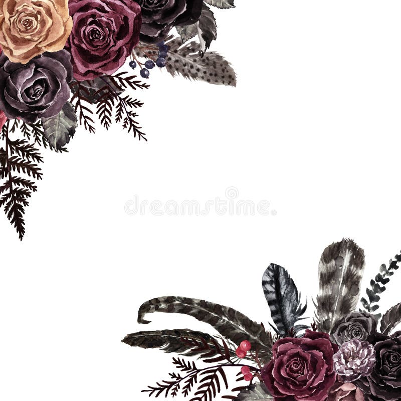Watercolor red and black roses frame in vintage victorian style. Retro invitation template, floral botanical border, isolated vector illustration