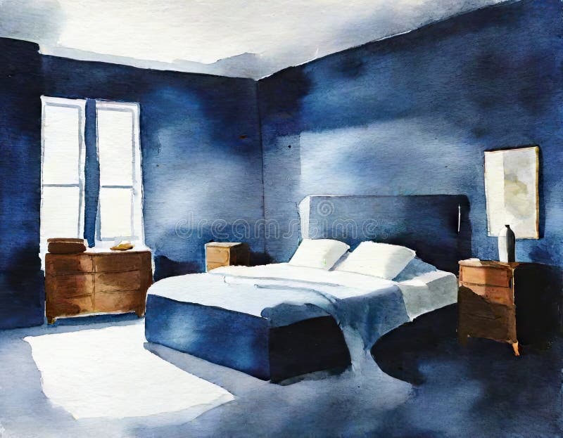 Watercolor of Deep Blue Bedroom with Bed Covered in Linen Wall Mock