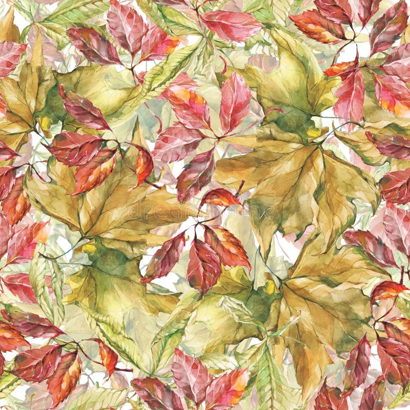 Watercolor different leaves seamless pattern