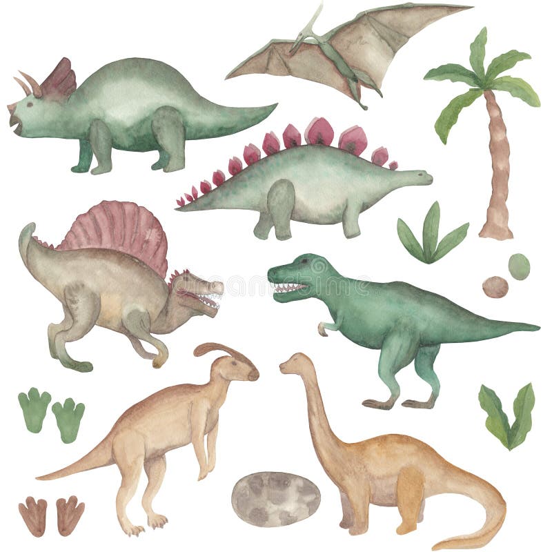 Watercolor dinosaurs set Isolated on white background Hand painted illustration Prehistoric animals clipart Perfect for logotype, decoration, packaging, invitation, other