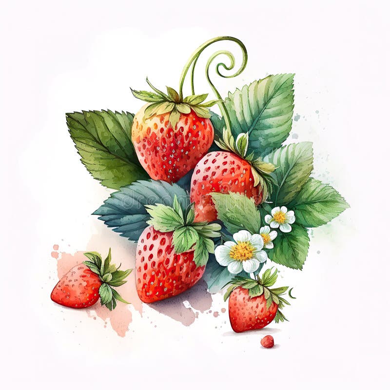 Watercolor Drawing of a Beautiful Ripe Strawberry with Leaves and a