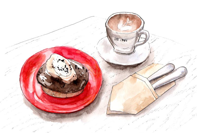 Watercolor Drawing of Coffee with Cake, Sketch Stock Illustration - Illustration of glass: 127389815