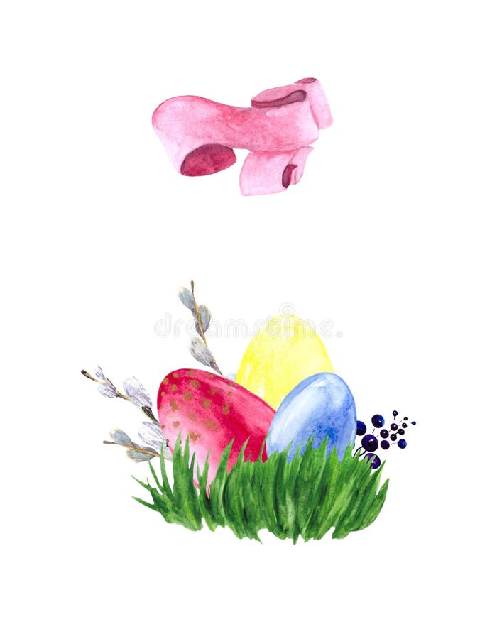 Watercolor drawing with Easter eggs, green grass and willow branches isolated on a white background. Holiday collage for decoratio royalty free stock photography Watercolor drawing with Easter eggs, green grass and willow branches isolated on a white background. Holiday collage for decoratio royalty free stock photography