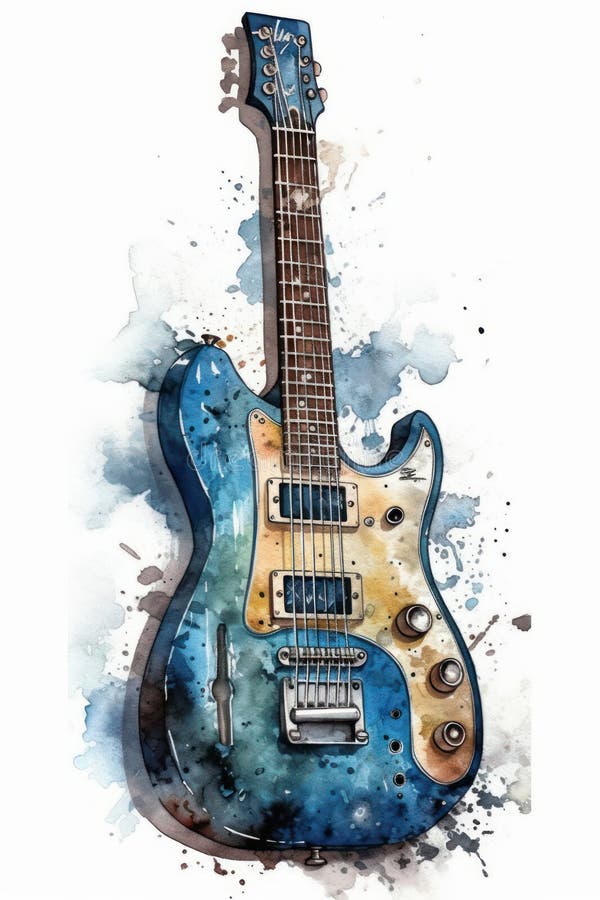 Watercolor Drawing of an Electric Guitar. Stock Illustration