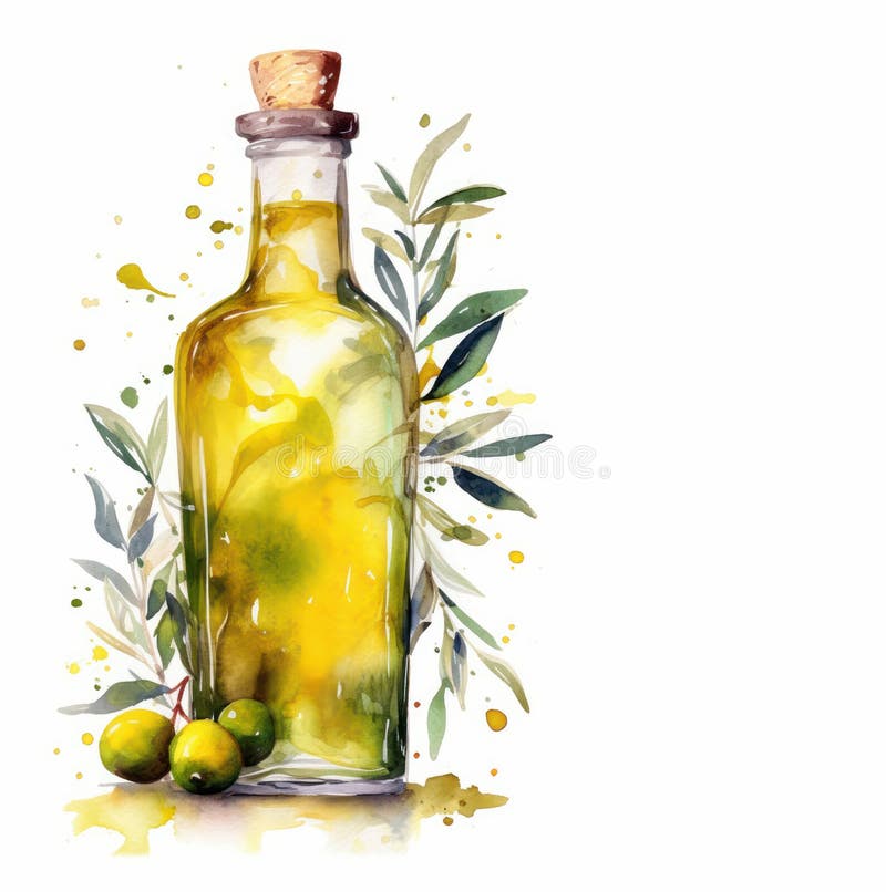 Watercolor Drawing of an Olive Oil Bottle. Stock Illustration Illustration of agriculture