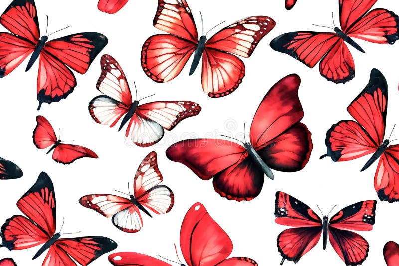 Watercolor Drawing of Red Butterflies on a White Background. Generative