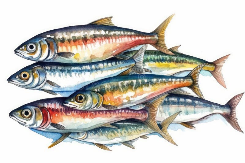 Watercolor Drawing of a School of Sardines. Stock Illustration