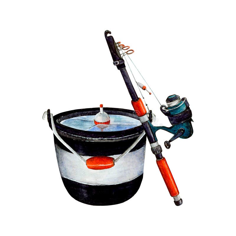 https://thumbs.dreamstime.com/b/watercolor-drawing-set-fishing-bucket-black-white-red-handle-full-water-bobbler-floating-middle-spinning-rod-281264944.jpg
