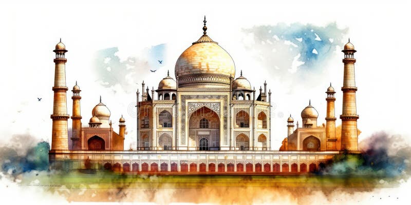 Watercolor Drawing of the Taj Mahal in India. Stock Illustration
