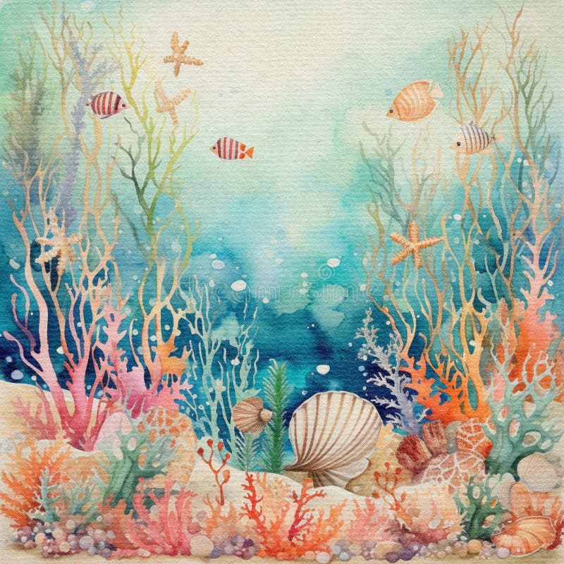 Watercolor drawing of the underwater world, pastel colors of marine life