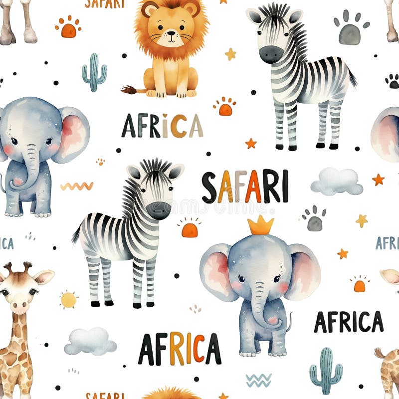 Watercolor dziecinny bezszwowy wzór ze słodkimi zwierzętami safari : żyrafa lwa słoni i zebra odizolowane na białym tle ilustracji