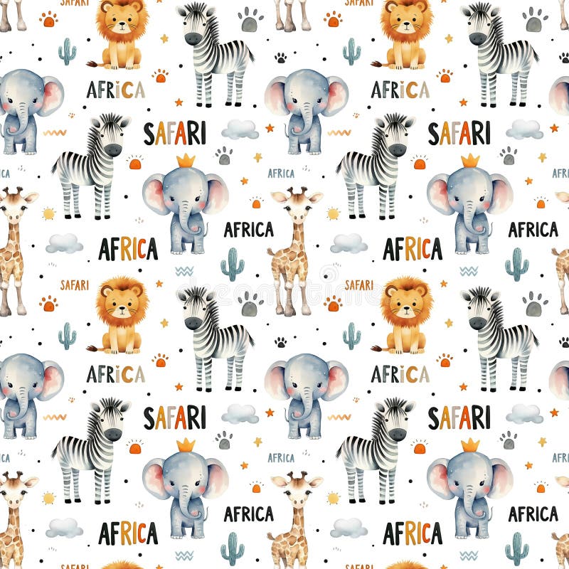 Watercolor dziecinny bezszwowy wzór ze zwierzętami safari : żyrafa lwa słoni i zebra odizolowane na białym tle royalty ilustracja