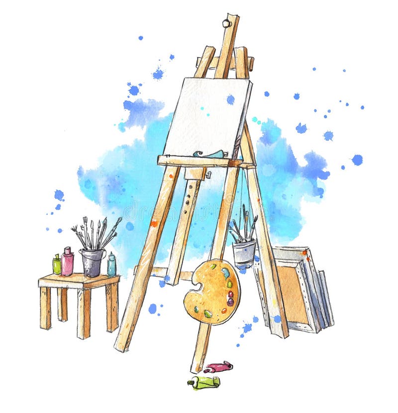 Watercolor Easel at the Studio, Artist`s Workplace Stock