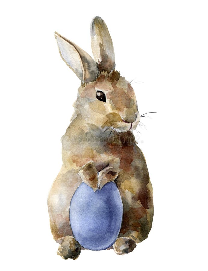 Watercolor Easter bunny with colored egg. Hand painted card with traditional symbols isolated on white background. Cute