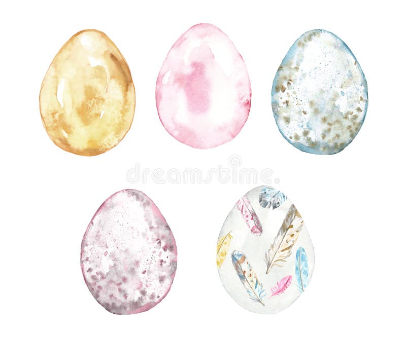 Watercolor Easter eggs set, isolated on white background. Assorted decorative colorful elements - cute and bright holiday collection for greeting cards design, textile, banners, diy.