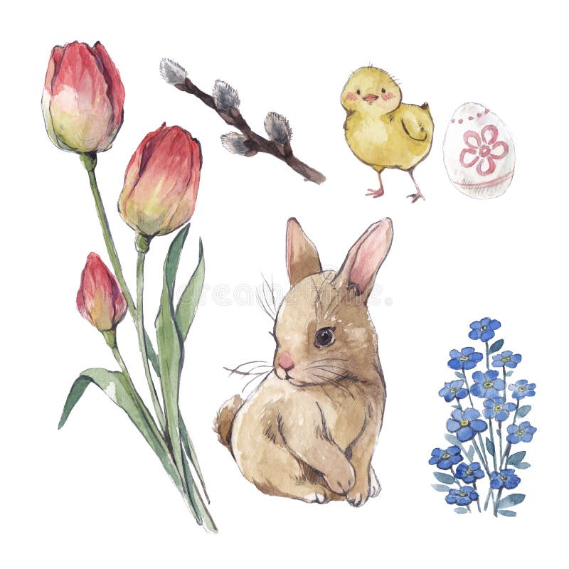 Watercolor Easter set with bunny, tulips, bird and egg