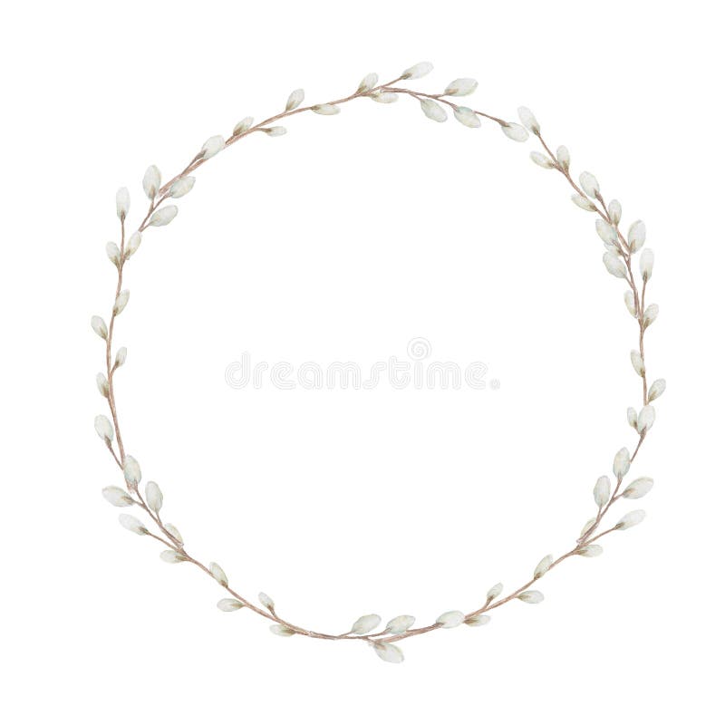 Watercolor Easter wreath, isolated on white background. Hand painted Round frame with pussy willow branch, spring