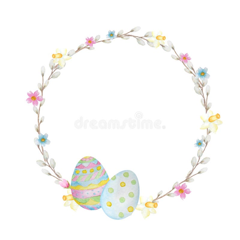 Watercolor Easter wreath, isolated on white background. Hand painted Round frame with pussy willow branch, spring