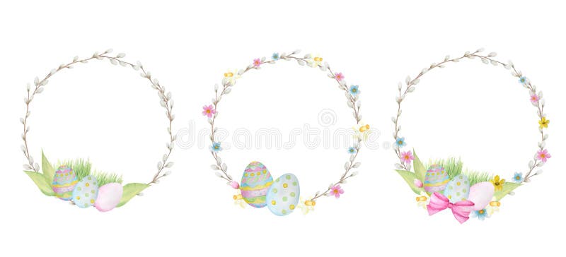 Watercolor Easter wreath Set, isolated on white background. Decorative elements for cards design, banners, invitations. Hand painted Round frame with pussy willow branch, spring flowers, colored eggs. Watercolor Easter wreath Set, isolated on white background. Decorative elements for cards design, banners, invitations. Hand painted Round frame with pussy willow branch, spring flowers, colored eggs