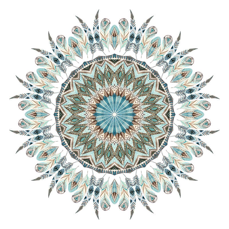 Watercolor ethnic feathers abstract mandala.