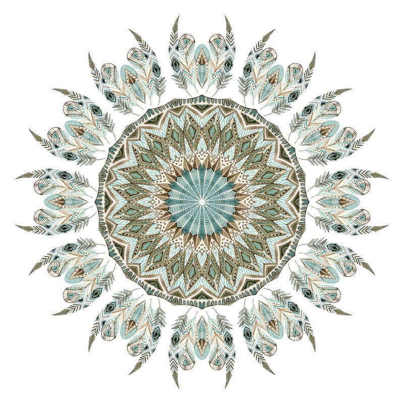 Watercolor ethnic feathers abstract mandala.