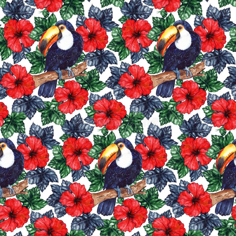 Watercolor exotic tropical flower hibiscus animal bird toucan seamless pattern texture background