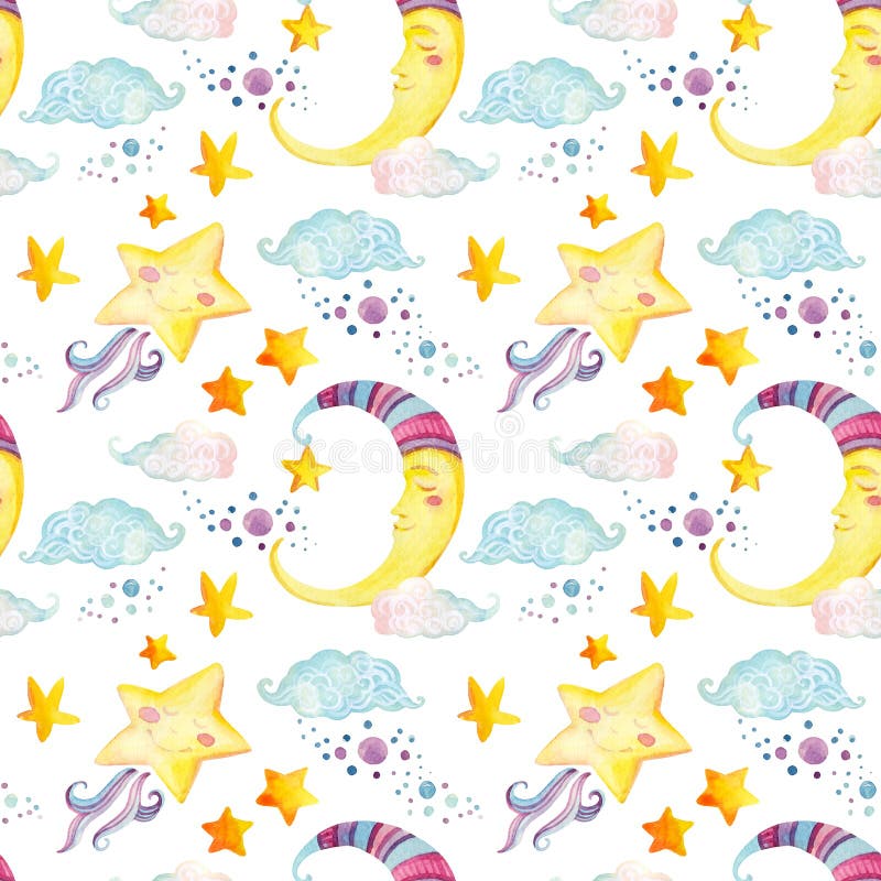 Watercolor fairy tale seamless pattern with magic sun, moon, cute little star and fairy clouds