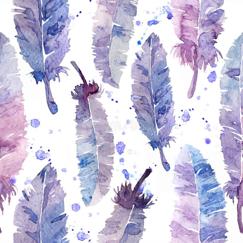 Watercolor Feathers and Blot Seamless Pattern. Stock Illustration ...