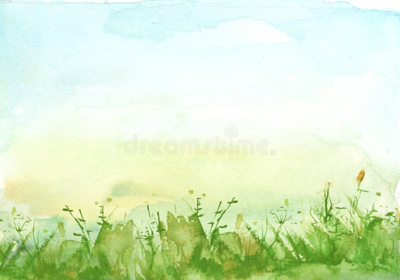 Watercolor field, meadow, countryside landscape. Blue, purple grass, plants, wildflowers. Sunset sky. Art banner. Abstract art ill