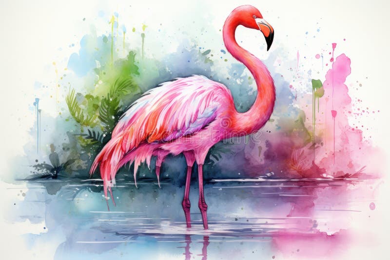 Watercolor Flamingo Watercolor Pink Flamingo in Splashes Tropical ...