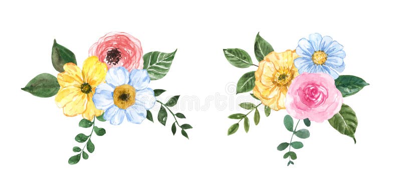 Watercolor Floral Arrangements. Set of Two Bouquets. Yellow, Blue and ...