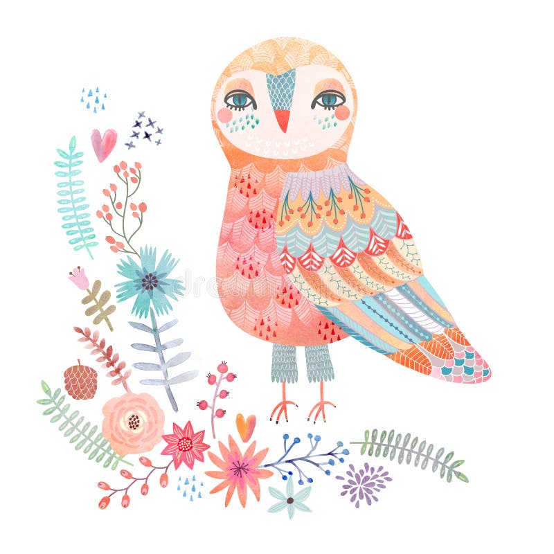 Watercolor floral background with a beautiful owl stock illustration Watercolor floral background with a beautiful owl stock illustration