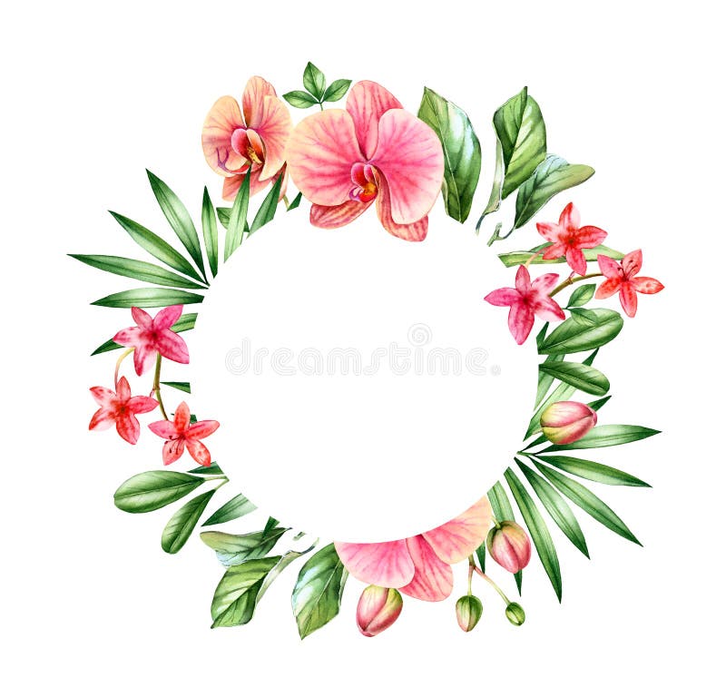 Watercolor floral background. Orange orchids and palm leaves arrangement. Round frame with place for text. Hand painted