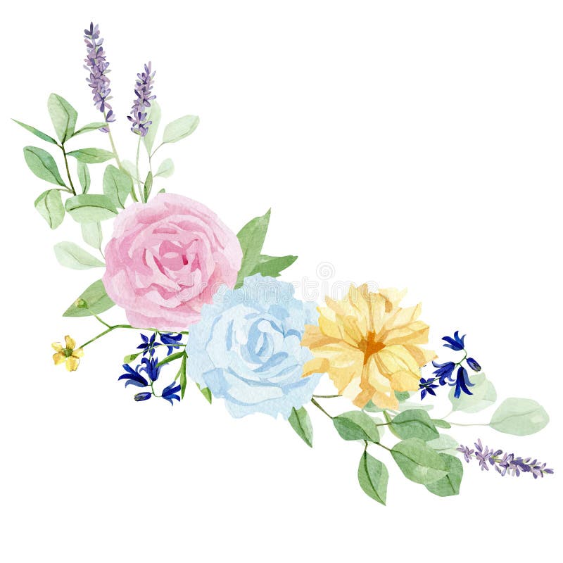 Watercolor floral bouquet, delicate green leaves and branches, lavender, rose, peonies, eucalyptus. stock illustration Watercolor floral bouquet, delicate green leaves and branches, lavender, rose, peonies, eucalyptus. stock illustration