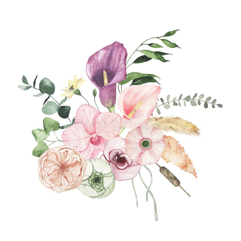 Download Watercolor Floral Bouquet With Flowers Roses Calla Lily ...
