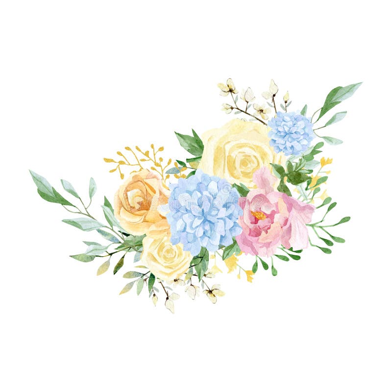 Watercolor floral bouquet illustration with purple pink blue yellow white flowers, wild flowers, green leaves, foliage stock illustration Watercolor floral bouquet illustration with purple pink blue yellow white flowers, wild flowers, green leaves, foliage stock illustration