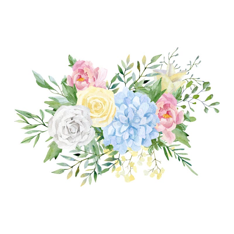 Watercolor floral bouquet illustration with purple pink blue yellow white flowers, wild flowers, green leaves, foliage vector illustration Watercolor floral bouquet illustration with purple pink blue yellow white flowers, wild flowers, green leaves, foliage vector illustration