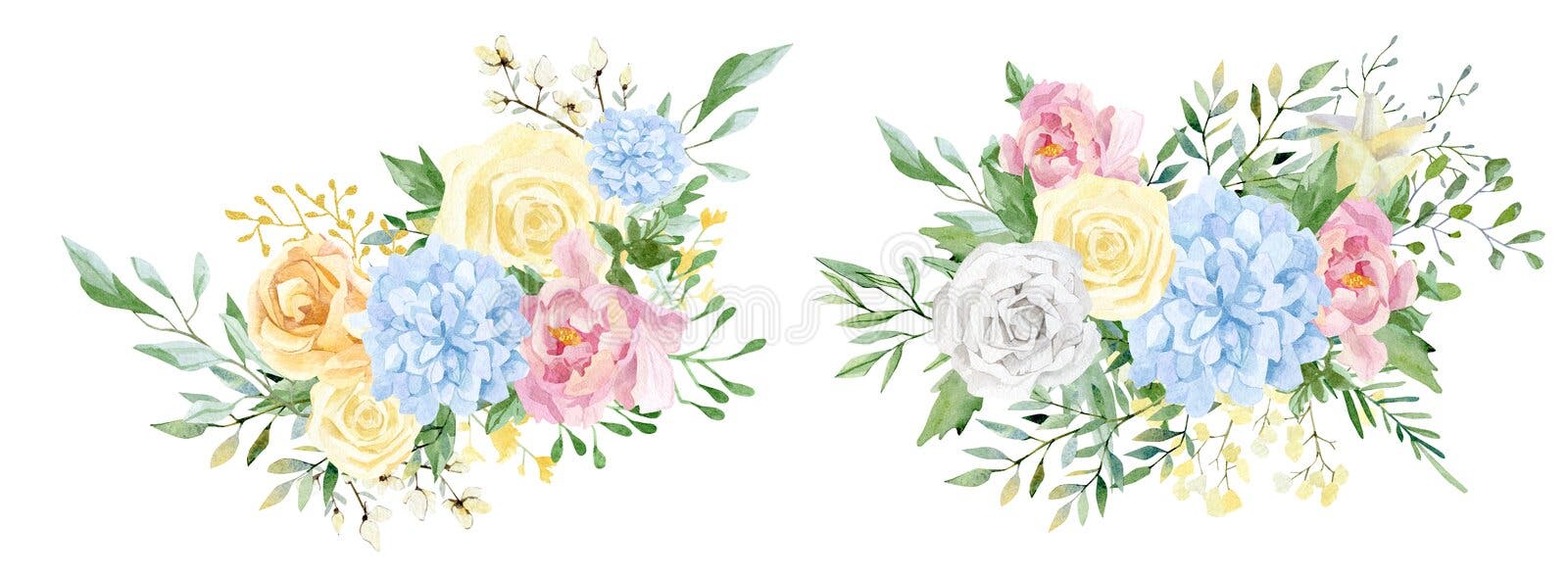 Watercolor floral bouquet illustration with violet pink blue yellow flowers, wildflowers, green leaves, foliage vector illustration Watercolor floral bouquet illustration with violet pink blue yellow flowers, wildflowers, green leaves, foliage vector illustration