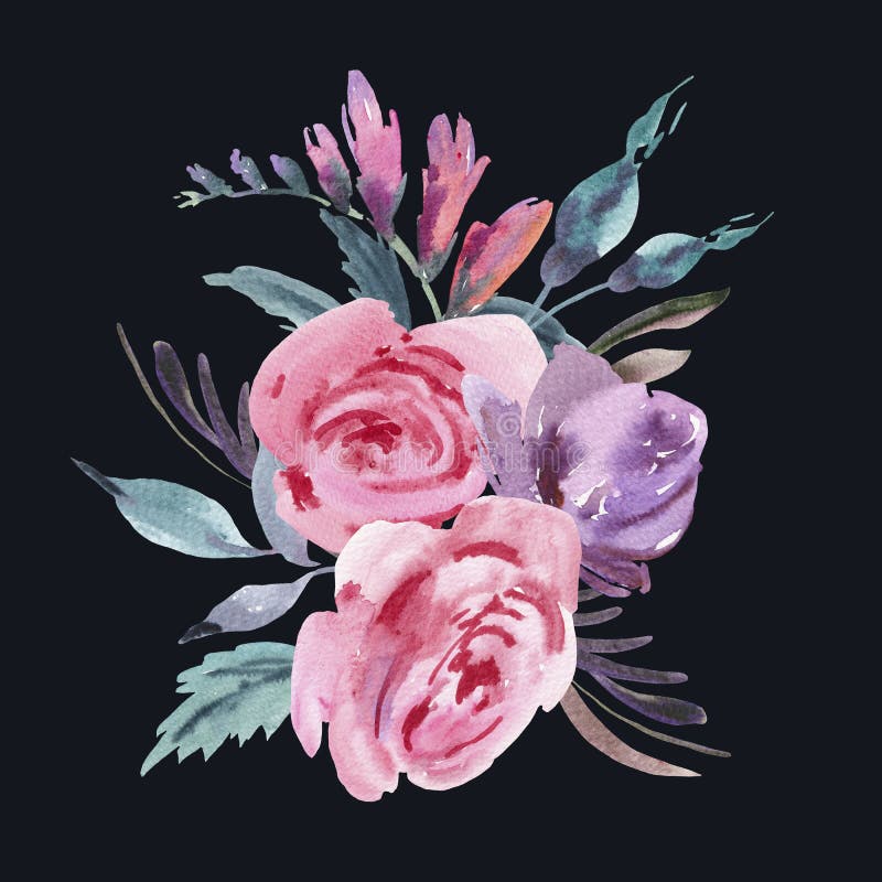 Download Watercolor Floral Bouquet With Pink Roses, Leaves And Buds ...