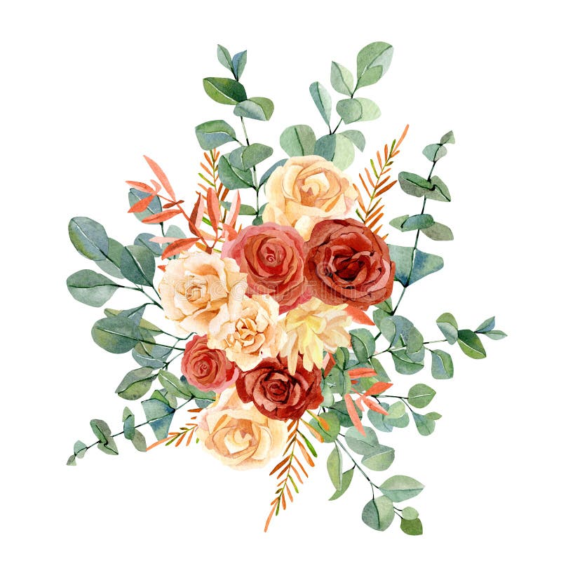Watercolor floral bouquet, red and peach flowers roses and peonies, eucalyptus leaves. Autumn floral design for wedding invitation vector illustration Watercolor floral bouquet, red and peach flowers roses and peonies, eucalyptus leaves. Autumn floral design for wedding invitation vector illustration