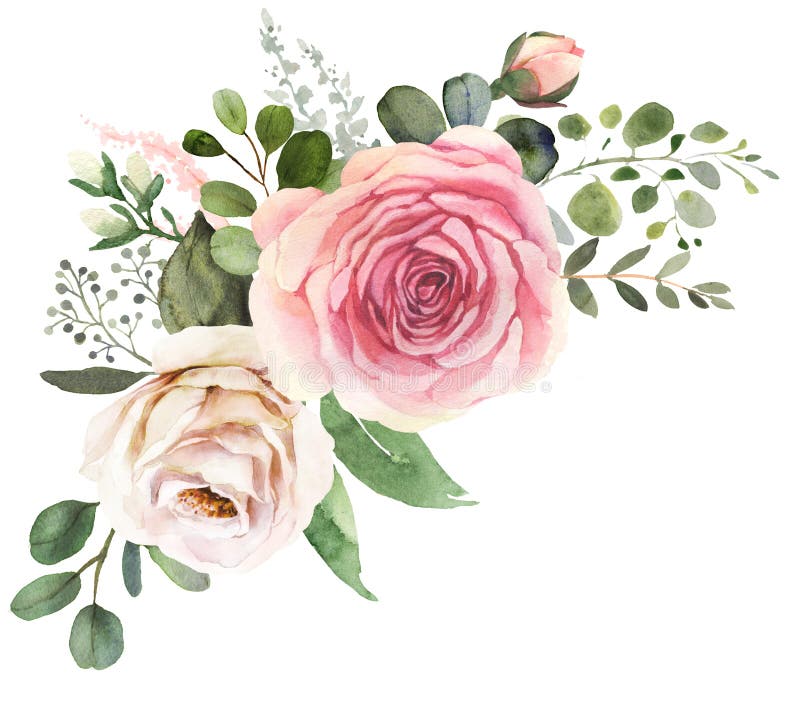 Watercolor Floral Bouquet with Roses and Eucalyptus Stock Illustration -  Illustration of green, painting: 126093492